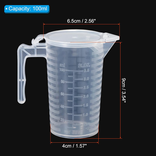 Graduated Beaker, 100ml PP Plastic Liquid Measuring Cup Double Sided Black Graduations with Handle Lid and Spout for Lab Kitchen Home