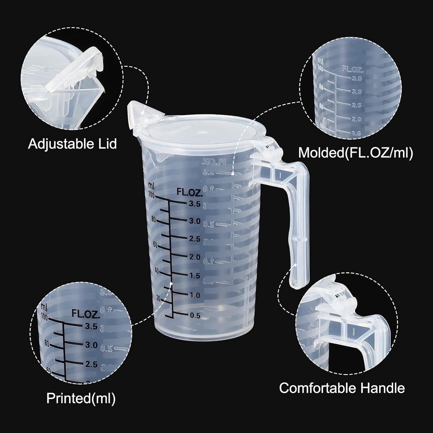 Graduated Beaker, 100ml PP Plastic Liquid Measuring Cup Double Sided Black Graduations with Handle Lid and Spout for Lab Kitchen Home