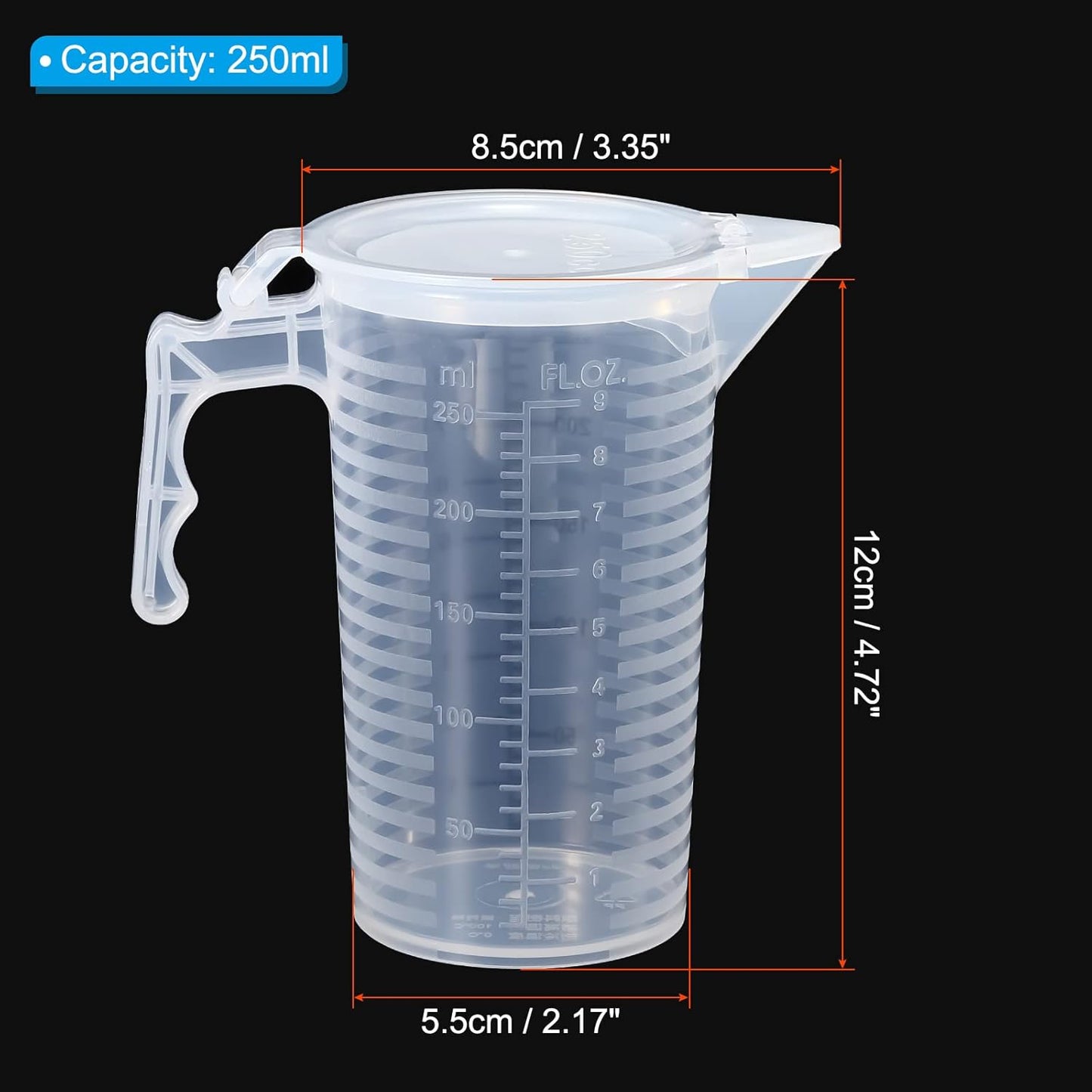 Graduated Beaker, 100ml PP Plastic Liquid Measuring Cup Double Sided Black Graduations with Handle Lid and Spout for Lab Kitchen Home