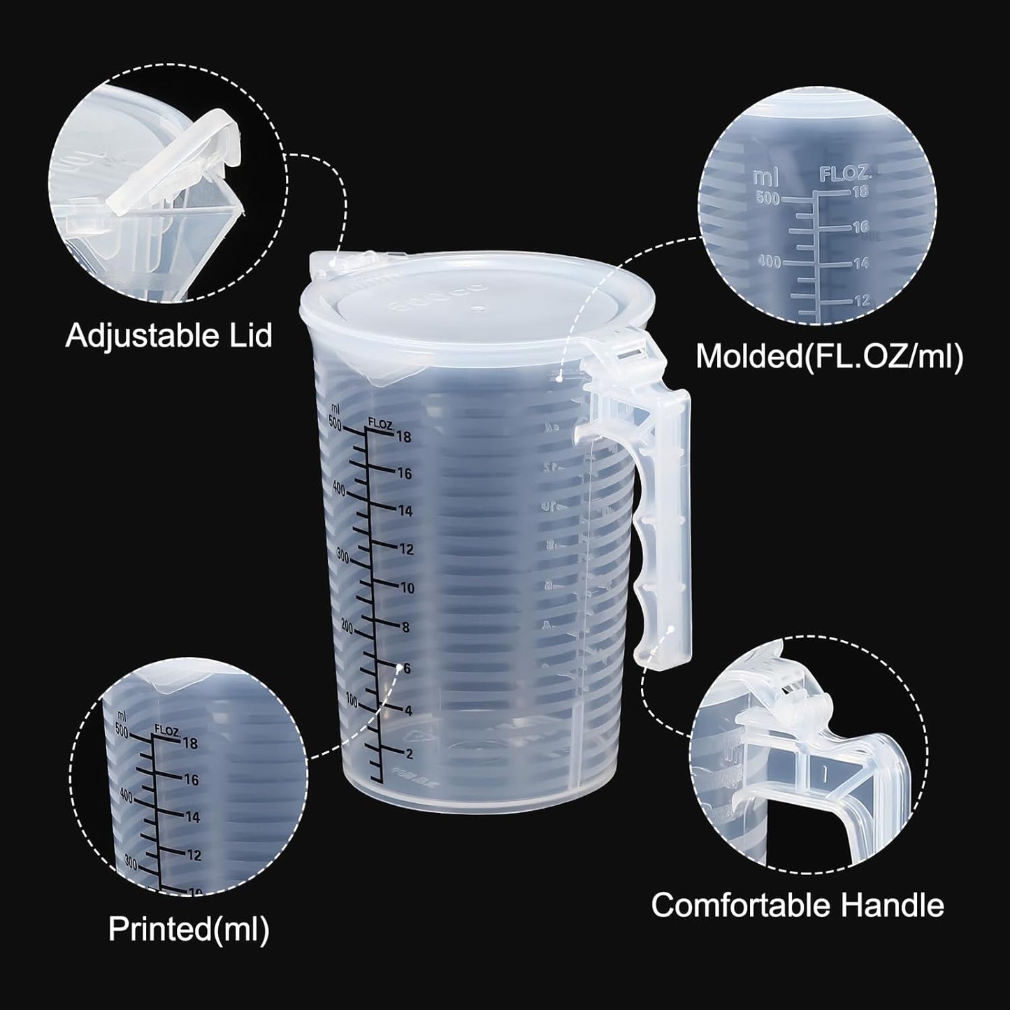 Graduated Beaker, 100ml PP Plastic Liquid Measuring Cup Double Sided Black Graduations with Handle Lid and Spout for Lab Kitchen Home