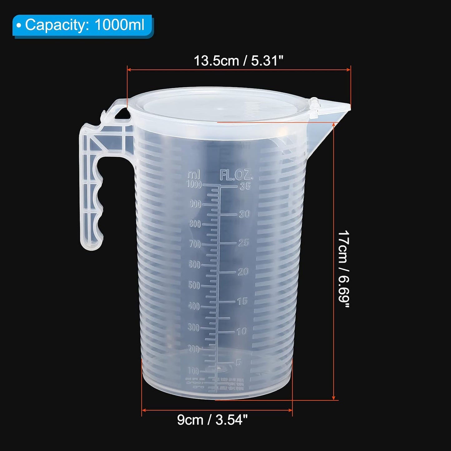 Graduated Beaker, 100ml PP Plastic Liquid Measuring Cup Double Sided Black Graduations with Handle Lid and Spout for Lab Kitchen Home