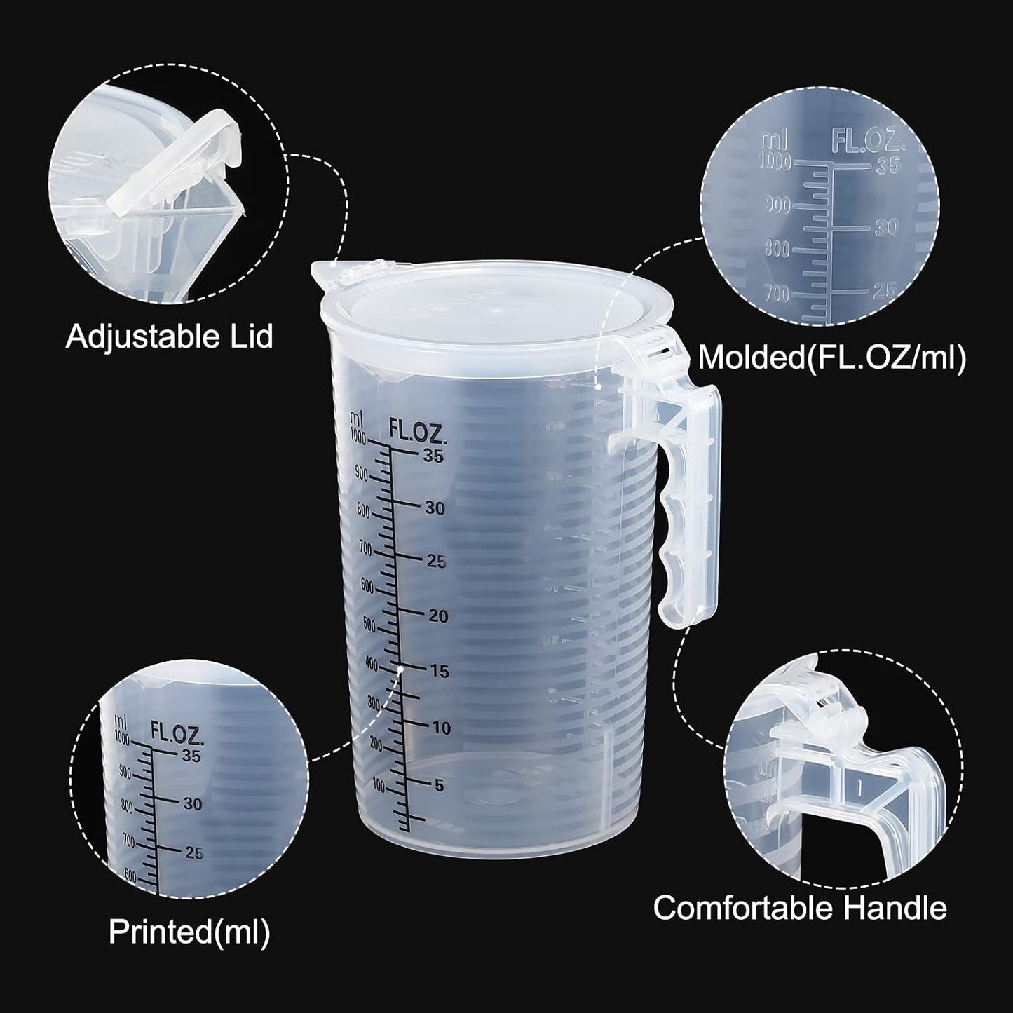 Graduated Beaker, 100ml PP Plastic Liquid Measuring Cup Double Sided Black Graduations with Handle Lid and Spout for Lab Kitchen Home