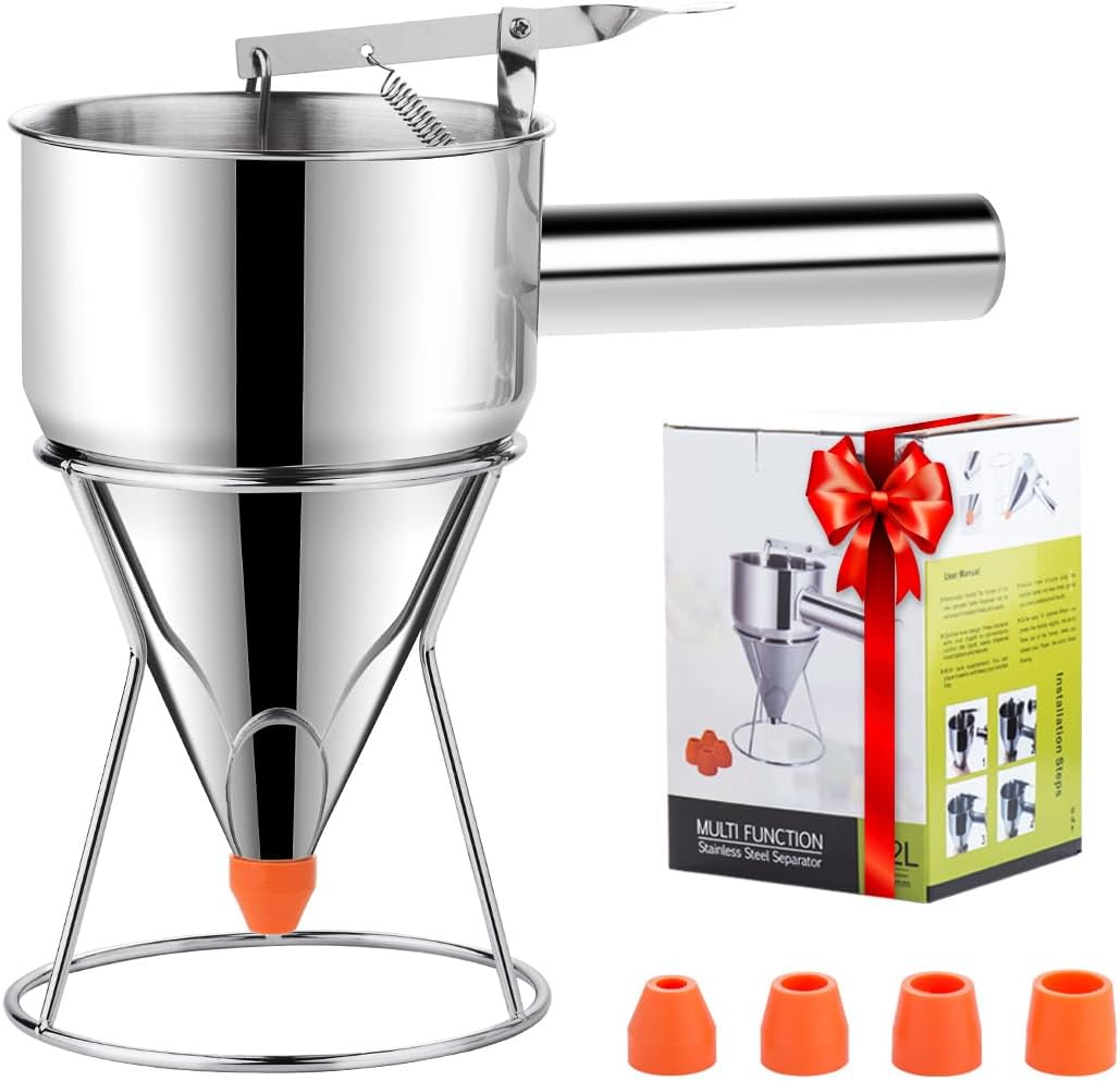 20oz Pancake Batter Dispenser, Stainless Steel 4 Caliber Funnel Cake Dispenser with Stand Great for Pancakes, Cupcakes and Baked Goods