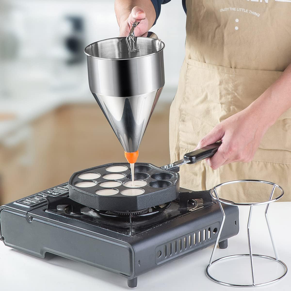 20oz Pancake Batter Dispenser, Stainless Steel 4 Caliber Funnel Cake Dispenser with Stand Great for Pancakes, Cupcakes and Baked Goods