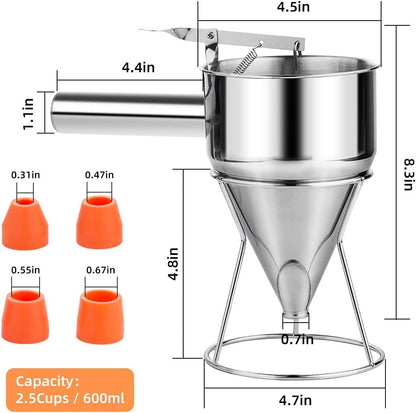 20oz Pancake Batter Dispenser, Stainless Steel 4 Caliber Funnel Cake Dispenser with Stand Great for Pancakes, Cupcakes and Baked Goods