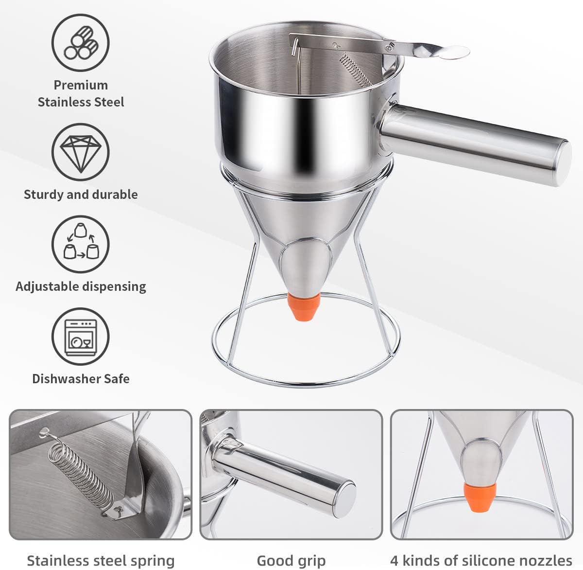 20oz Pancake Batter Dispenser, Stainless Steel 4 Caliber Funnel Cake Dispenser with Stand Great for Pancakes, Cupcakes and Baked Goods