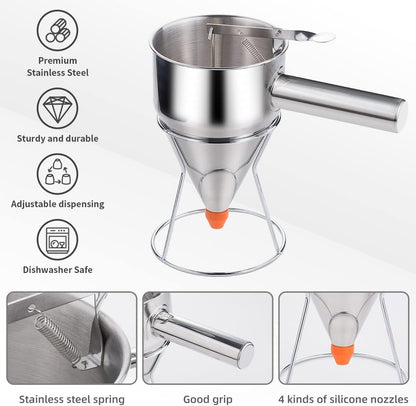 20oz Pancake Batter Dispenser, Stainless Steel 4 Caliber Funnel Cake Dispenser with Stand Great for Pancakes, Cupcakes and Baked Goods
