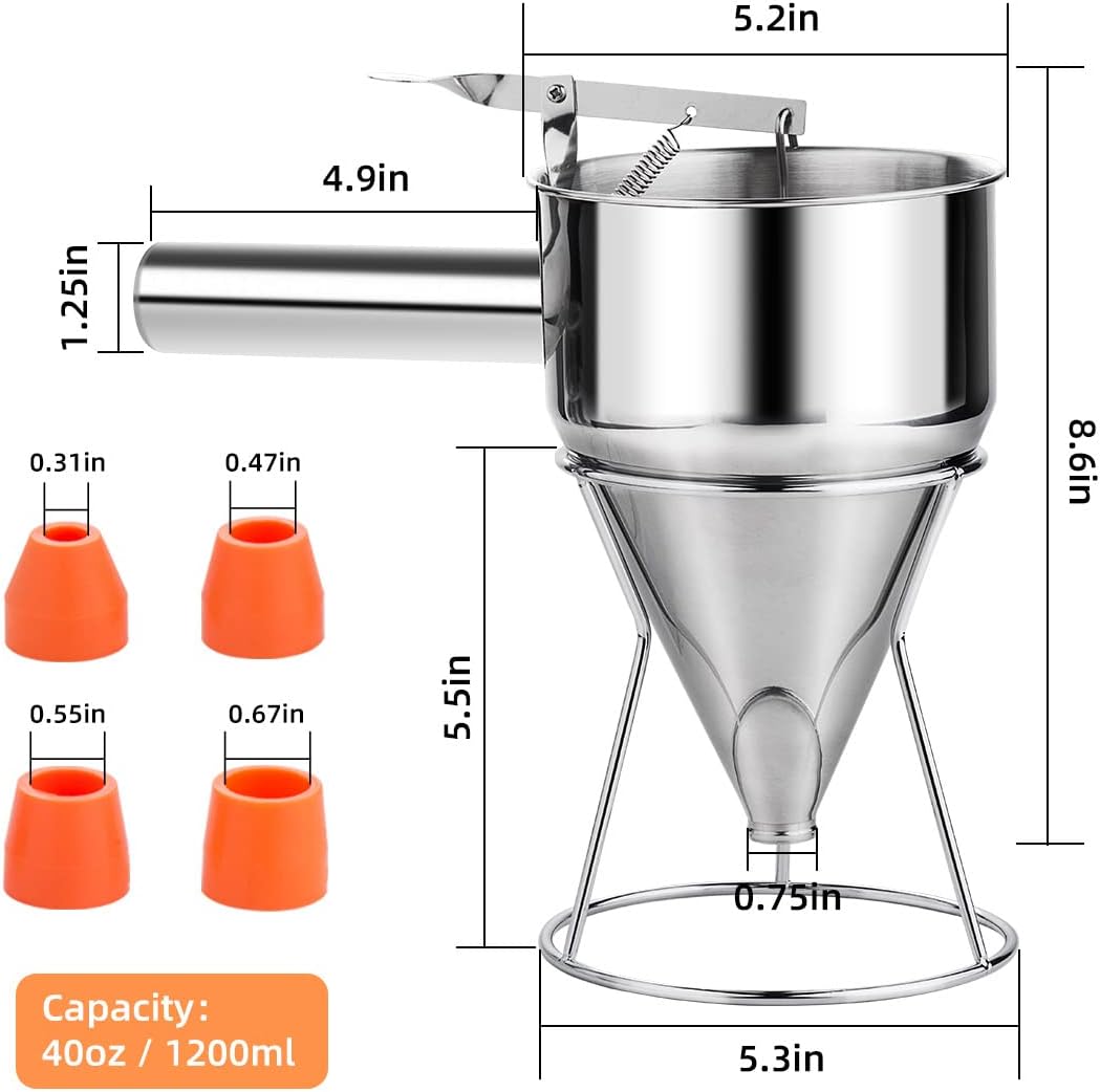 20oz Pancake Batter Dispenser, Stainless Steel 4 Caliber Funnel Cake Dispenser with Stand Great for Pancakes, Cupcakes and Baked Goods