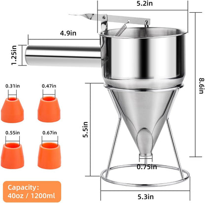20oz Pancake Batter Dispenser, Stainless Steel 4 Caliber Funnel Cake Dispenser with Stand Great for Pancakes, Cupcakes and Baked Goods
