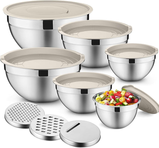 Mixing Bowls with Lids Set of 6, Nesting Salad Bowl, Khaki | Stainless Steel Bowl & 3 Grater Attachments & Plastic Lid, For Prepping Baking Storing, Sizes with 4.6/2.6/2/1.5/1/0.7 QT
