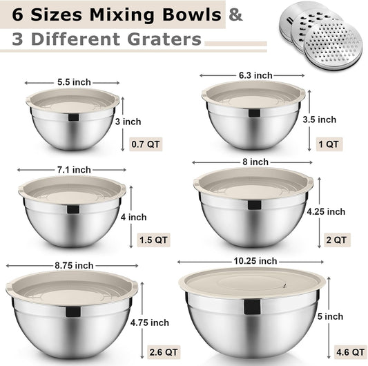 Mixing Bowls with Lids Set of 6, Nesting Salad Bowl, Khaki | Stainless Steel Bowl & 3 Grater Attachments & Plastic Lid, For Prepping Baking Storing, Sizes with 4.6/2.6/2/1.5/1/0.7 QT