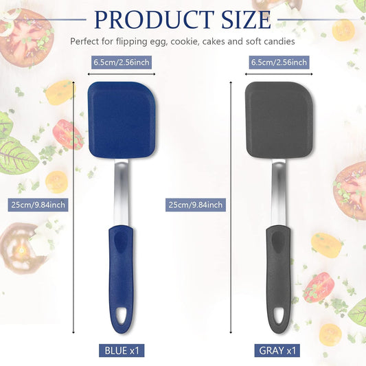Silicone Cookie Spatula Turner 2 Pack Mini Brownie Spatula Flexible Kitchen Small Silicone Turner for Nonstick Cookware Heat Resistant No Scratch Flipper for Egg(Solid Flat,Gray, Blue)