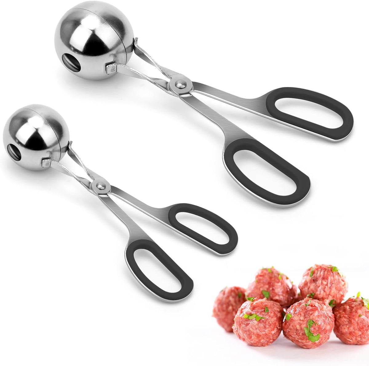 Meatball Maker, 2PCS None-stick Meatball Scoop Ball Maker with Detachable Anti-Slip Handles, Stainless Steel Meat Baller Cake Pop Scoop for Kitchen (1.38"&1.78")