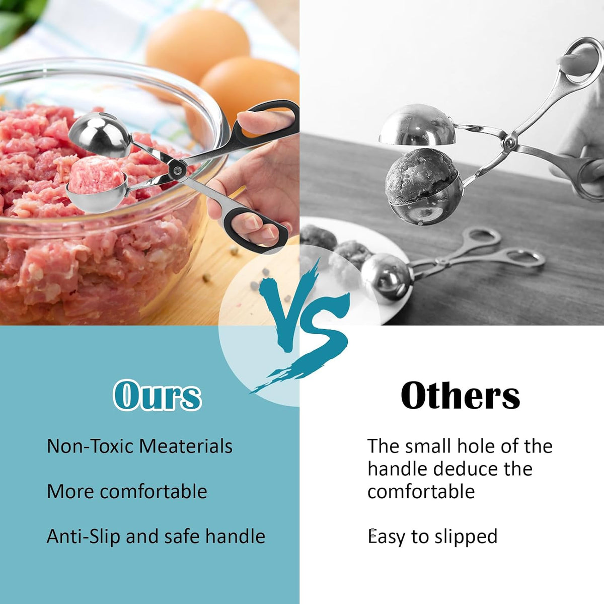 Meatball Maker, 2PCS None-stick Meatball Scoop Ball Maker with Detachable Anti-Slip Handles, Stainless Steel Meat Baller Cake Pop Scoop for Kitchen (1.38"&1.78")