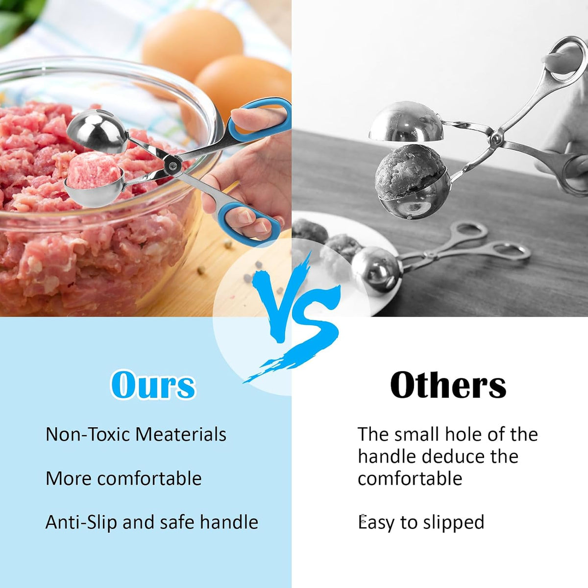 Meatball Maker, 2PCS None-stick Meatball Scoop Ball Maker with Detachable Anti-Slip Handles, Stainless Steel Meat Baller Cake Pop Scoop for Kitchen (1.38"&1.78")