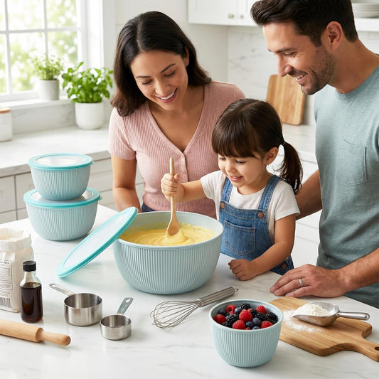BoxedHome 4.97 Quarts Mixing Bowls with Lids - 8 Piece Plastic Nesting Bowl Set includes 4 Prep Bowls and 4 Lids, Microwave and Dishwasher Safe, Green