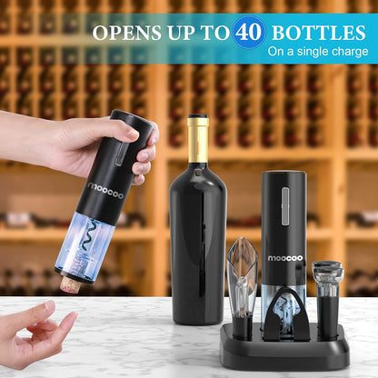 Electric Wine Opener with Charging Base, Cordless Electric Wine Bottle Opener with 2-in-1 Aerator &Pourer, Foil Cutter, 2 Vacuum Preservation Stoppers, Display Charging Station for Easy Storage