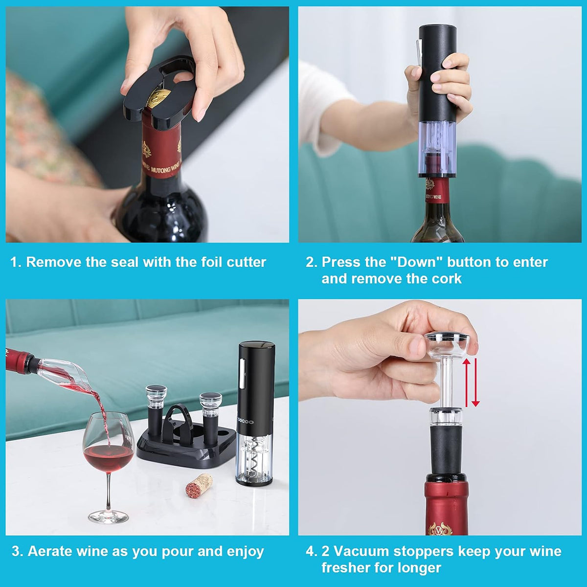 Electric Wine Opener with Charging Base, Cordless Electric Wine Bottle Opener with 2-in-1 Aerator &Pourer, Foil Cutter, 2 Vacuum Preservation Stoppers, Display Charging Station for Easy Storage