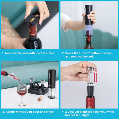 Electric Wine Opener with Charging Base, Cordless Electric Wine Bottle Opener with 2-in-1 Aerator &Pourer, Foil Cutter, 2 Vacuum Preservation Stoppers, Display Charging Station for Easy Storage
