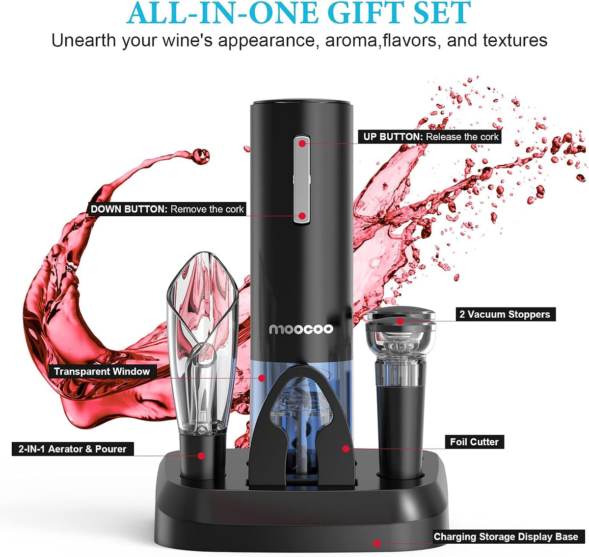 Electric Wine Opener with Charging Base, Cordless Electric Wine Bottle Opener with 2-in-1 Aerator &Pourer, Foil Cutter, 2 Vacuum Preservation Stoppers, Display Charging Station for Easy Storage