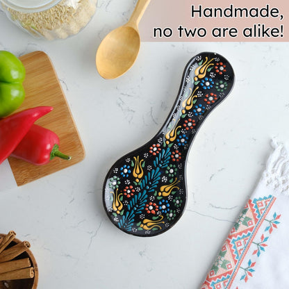 Handmade Spoon Rest, Ceramic Spoon Rest for Stove Top, 10" Spoon Rest for Kitchen Counter, Dishwasher Safe Spoon Holder for Stove, Housewarming Gifts Utensil Rest, Colorful Spoon Rests (Black)