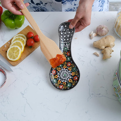 Handmade Spoon Rest, Ceramic Spoon Rest for Stove Top, 10" Spoon Rest for Kitchen Counter, Dishwasher Safe Spoon Holder for Stove, Housewarming Gifts Utensil Rest, Colorful Spoon Rests (Black)