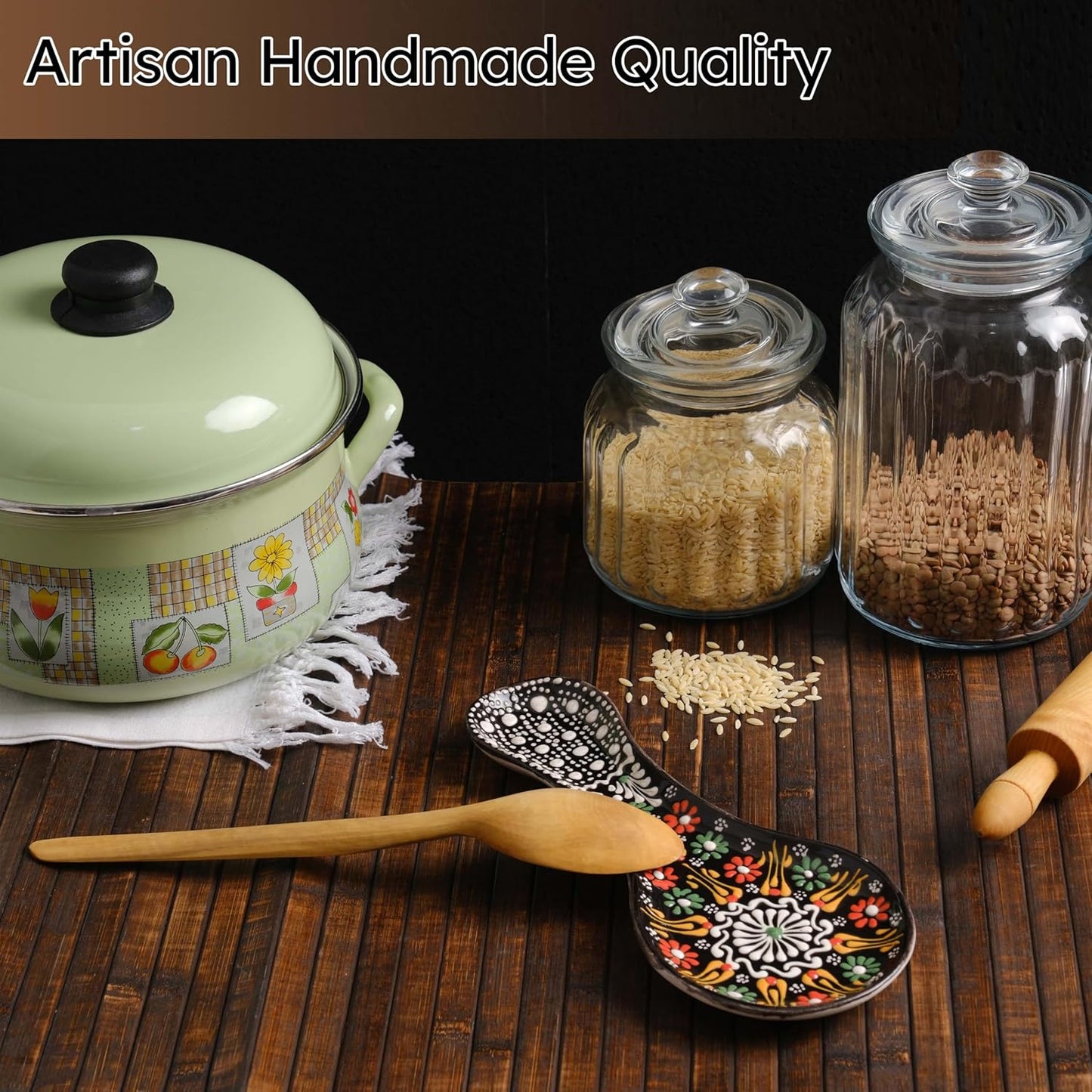 Handmade Spoon Rest, Ceramic Spoon Rest for Stove Top, 10" Spoon Rest for Kitchen Counter, Dishwasher Safe Spoon Holder for Stove, Housewarming Gifts Utensil Rest, Colorful Spoon Rests (Black)
