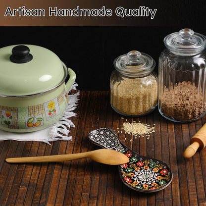 Handmade Spoon Rest, Ceramic Spoon Rest for Stove Top, 10" Spoon Rest for Kitchen Counter, Dishwasher Safe Spoon Holder for Stove, Housewarming Gifts Utensil Rest, Colorful Spoon Rests (Black)
