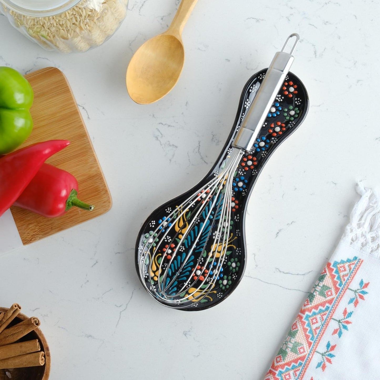 Handmade Spoon Rest, Ceramic Spoon Rest for Stove Top, 10" Spoon Rest for Kitchen Counter, Dishwasher Safe Spoon Holder for Stove, Housewarming Gifts Utensil Rest, Colorful Spoon Rests (Black)