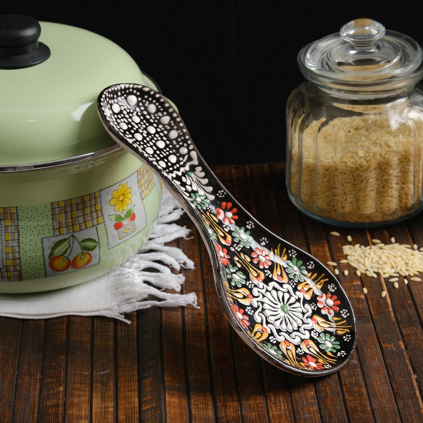 Handmade Spoon Rest, Ceramic Spoon Rest for Stove Top, 10" Spoon Rest for Kitchen Counter, Dishwasher Safe Spoon Holder for Stove, Housewarming Gifts Utensil Rest, Colorful Spoon Rests (Black)