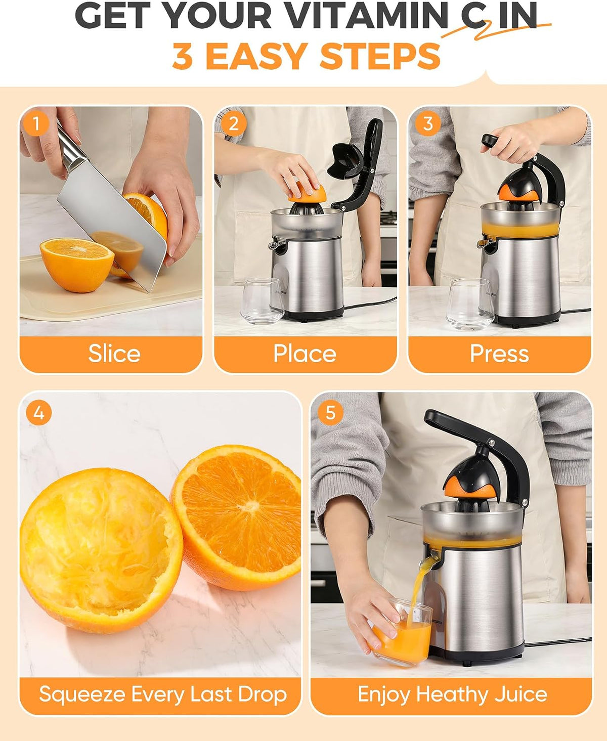 Electric Orange Juicer, Citrus Juicer Squeezer with 2 Interchangeable Cones, 160W Electric Juicer Machine with Stainless Steel Body & Transparent Juice Collector for Lime Grapefruit Lemon