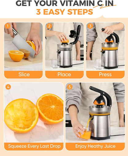 Electric Orange Juicer, Citrus Juicer Squeezer with 2 Interchangeable Cones, 160W Electric Juicer Machine with Stainless Steel Body & Transparent Juice Collector for Lime Grapefruit Lemon