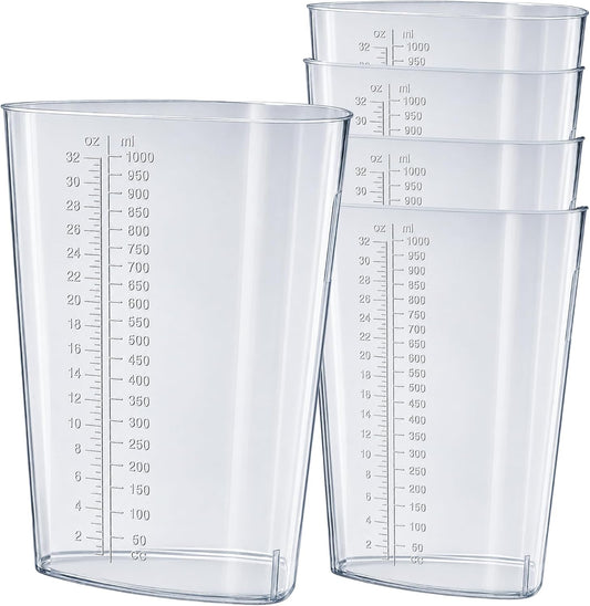 Plastic Graduated Triangular Intake Output Container [5 Pack] 32 ounce Three-Sided Translucent Laboratory Beaker for Measuring & Mixing - Clear Markings in oz & cc - for Specimen, Paint & Epoxy