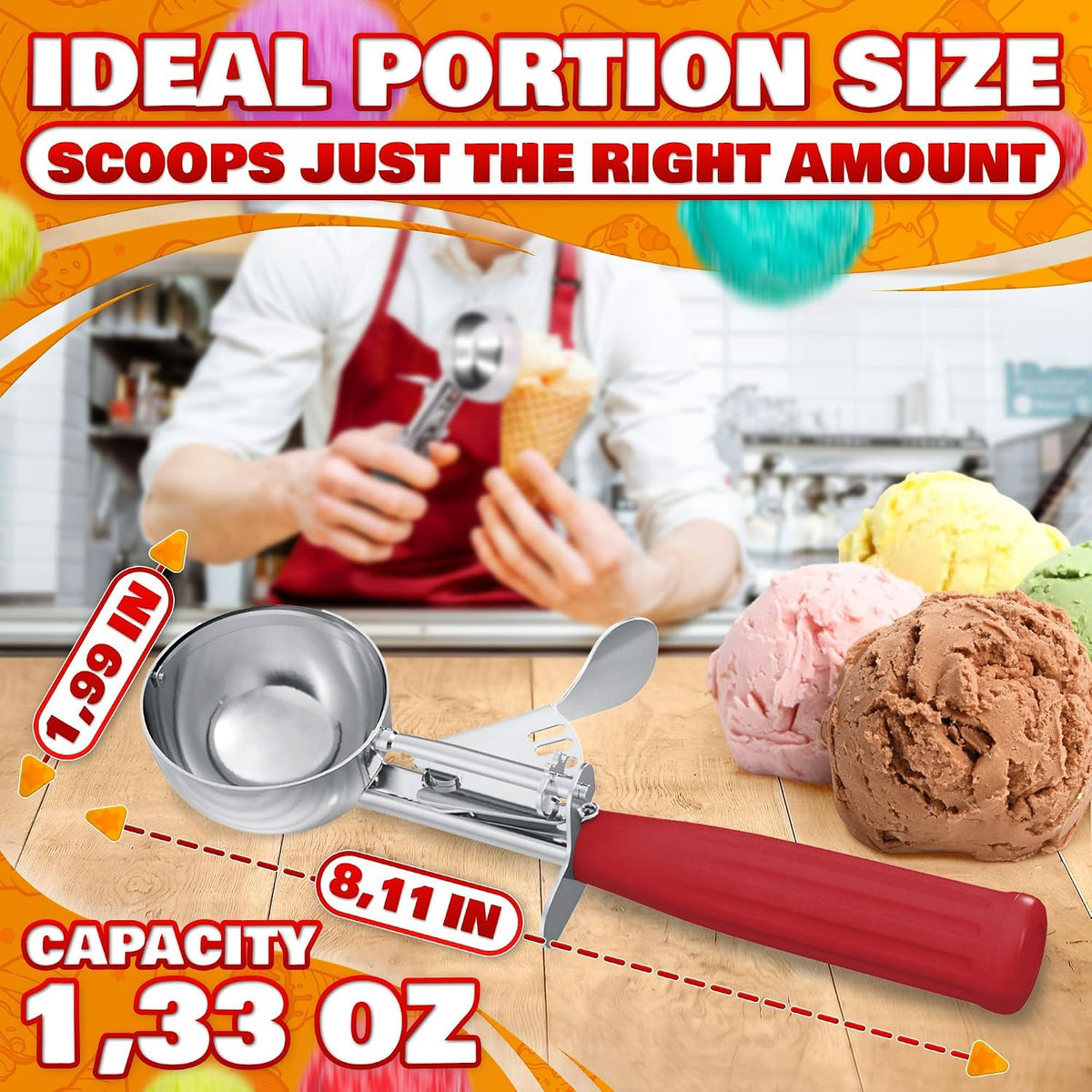 1 Oz Ice Cream Scoop with Trigger #30, Stainless Steel Portion Scoop