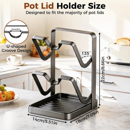 Pot & Pan Lid Organizer | Kitchen Pot Lid Storage Rack While Cooking | Pan Lid Organizer with Removable Tray for Kitchen Countertop | Space Saving, Waterproof, Rustproof (Grey)