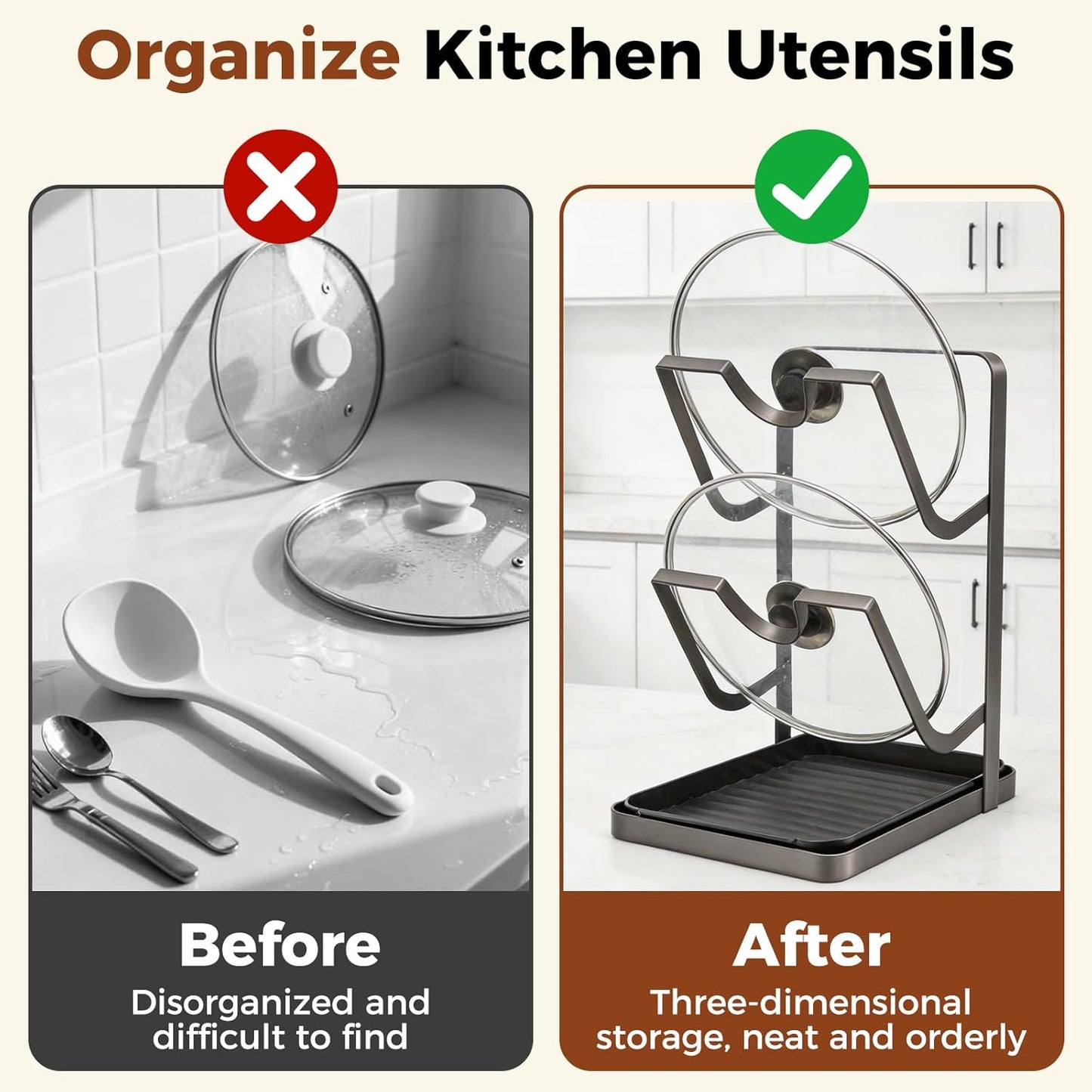 Pot & Pan Lid Organizer | Kitchen Pot Lid Storage Rack While Cooking | Pan Lid Organizer with Removable Tray for Kitchen Countertop | Space Saving, Waterproof, Rustproof (Grey)