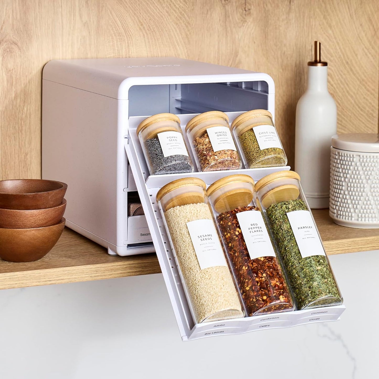 SpiceStack® Adjustable Spice Rack Organizer, Pull-Down 24-Bottle Seasonings and Spices Holder for Kitchen Cabinet and Pantry Organization with 104 Included Labels | Adjustable