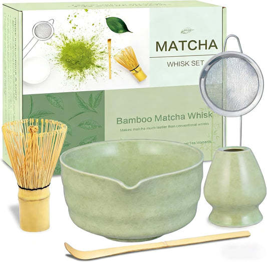 Matcha Whisk Set, Ceramic Matcha Bowl with Spout, Bamboo Whisk, Chasen Holder, Sifter, Traditional Scoop, Complete Tea Making Kit for Matcha Lovers, Beginner Starter Gifts for Women Men