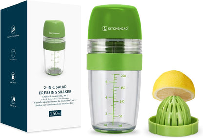 2 in 1 Salad Dressing Shaker Container with Juicer, Pour Spout, LeakprooF, Soft Grip, Dishwasher Safe, Homemade Oil and Vinegar Salad Dressing Bottle Mixer Dispenser, BPA Free 1 Cup, Black