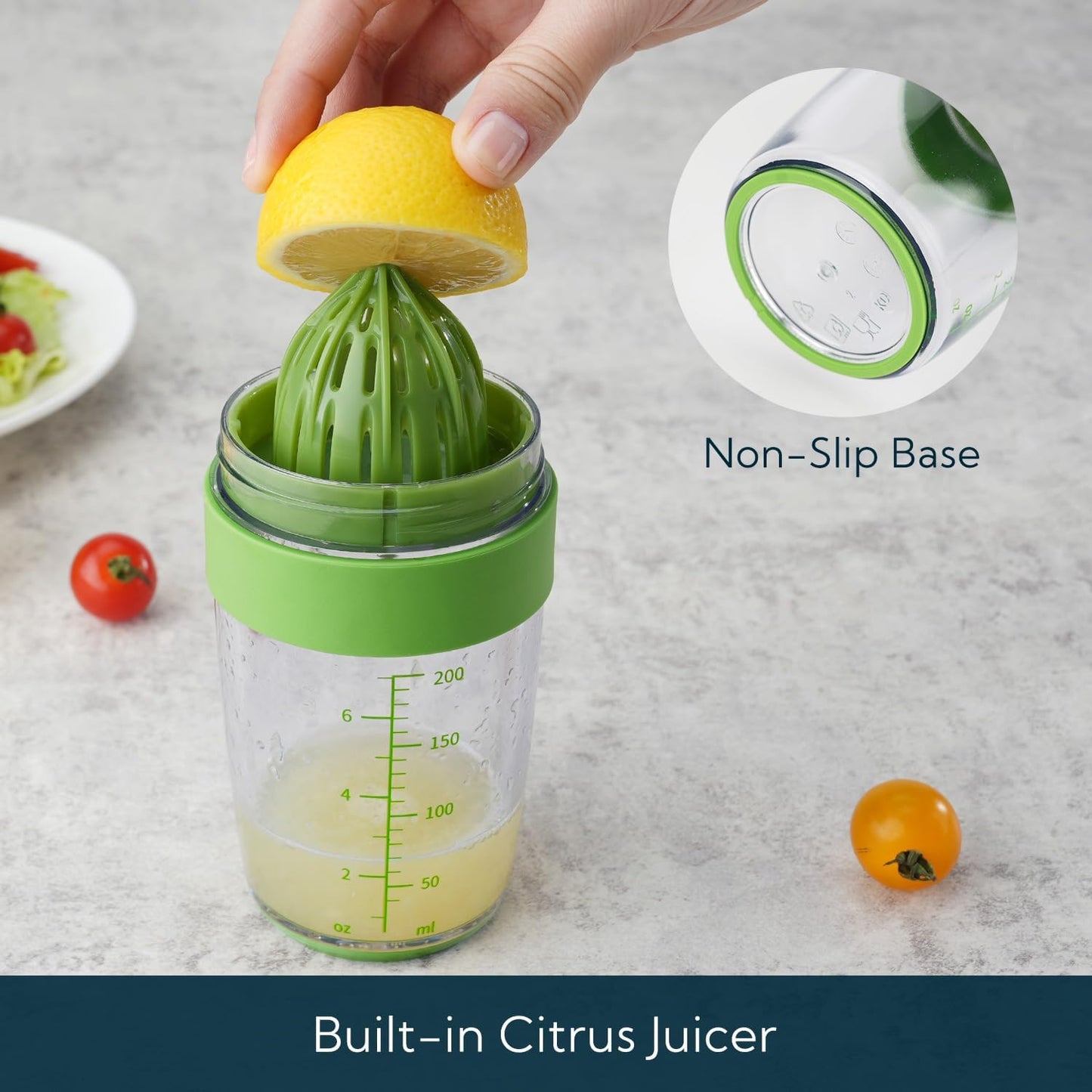 2 in 1 Salad Dressing Shaker Container with Juicer, Pour Spout, LeakprooF, Soft Grip, Dishwasher Safe, Homemade Oil and Vinegar Salad Dressing Bottle Mixer Dispenser, BPA Free 1 Cup, Black