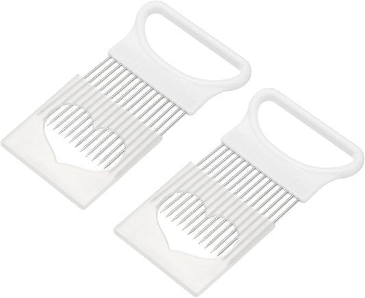 2 Pcs Onion Slicer Holder, 4.3 x 3.1 Inch Stainless Steel Vegetable Cutting Holder Food Cutter Tool for Slicing Storing Onions Tomatoes Potatoes Avocados Apples, White