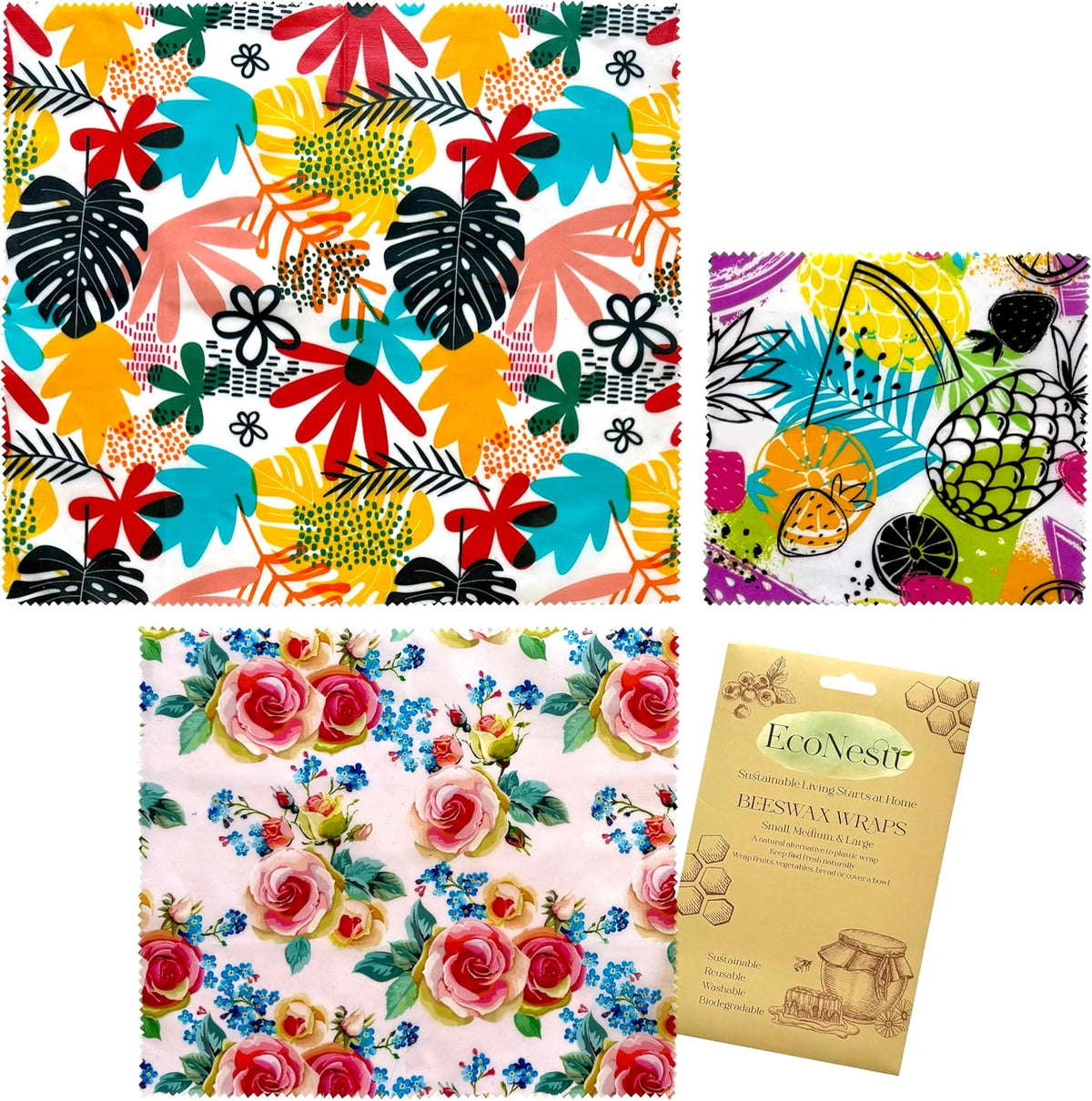 Beeswax Food Wraps (3-Pack S/M/L) – Reusable & Washable Food Storage Wraps, Plastic-Free Alternative for Sandwiches, Produce & Bowls