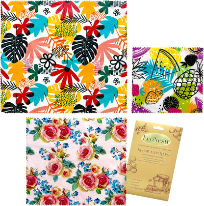 Beeswax Food Wraps (3-Pack S/M/L) – Reusable & Washable Food Storage Wraps, Plastic-Free Alternative for Sandwiches, Produce & Bowls