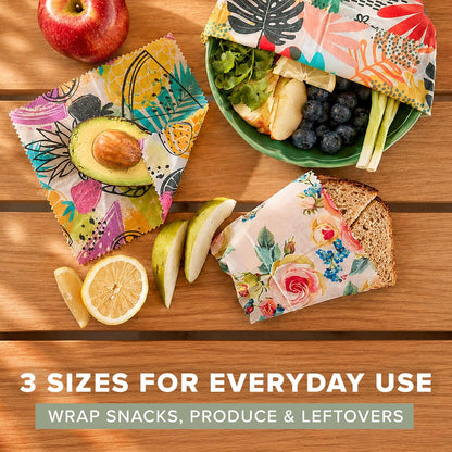 Beeswax Food Wraps (3-Pack S/M/L) – Reusable & Washable Food Storage Wraps, Plastic-Free Alternative for Sandwiches, Produce & Bowls