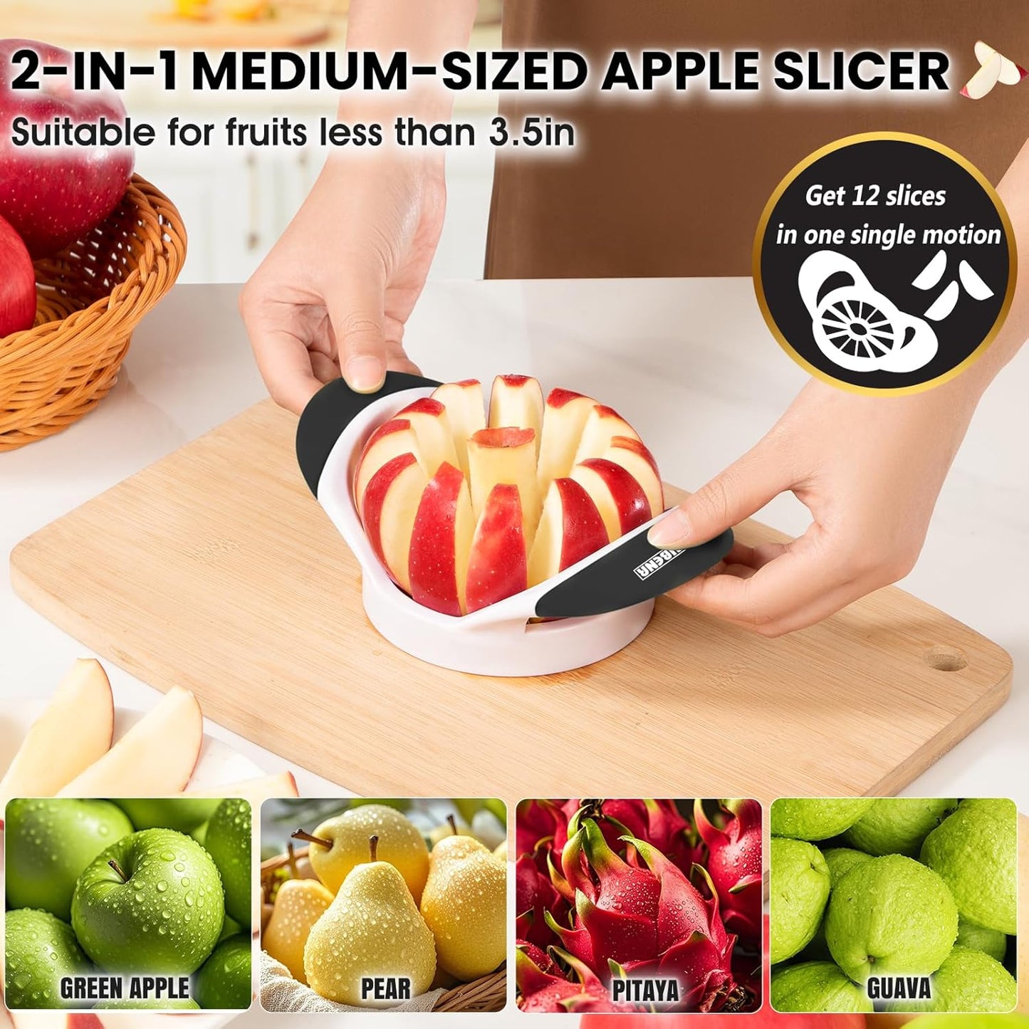 3.5 Inch Apple Slicer with 12 Sharp Blades - Professional Apple Cutter - Stainless Steel Apple Corer - Super Sharp Apple Slicer and Corer - Slice Apple with Ease(Black)