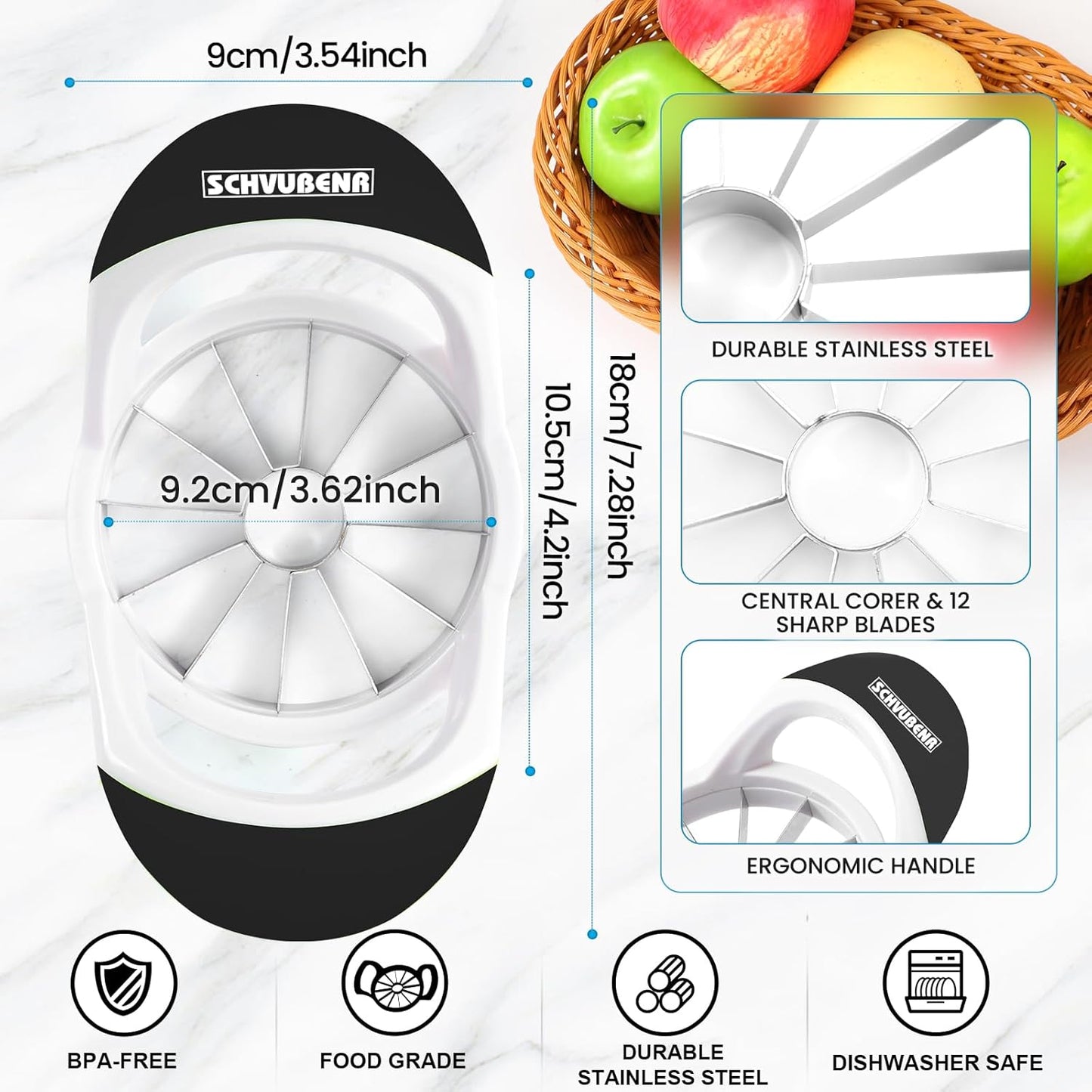 3.5 Inch Apple Slicer with 12 Sharp Blades - Professional Apple Cutter - Stainless Steel Apple Corer - Super Sharp Apple Slicer and Corer - Slice Apple with Ease(Black)