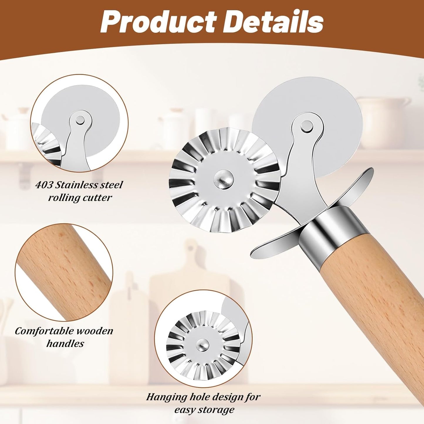 Ravioli Cutter Wheel Fluted Pasta Pastry Cutter Wheel Wooden Handle Pastry Crimper for Pasta Pizza Ravioli Home Kitchen Cookie