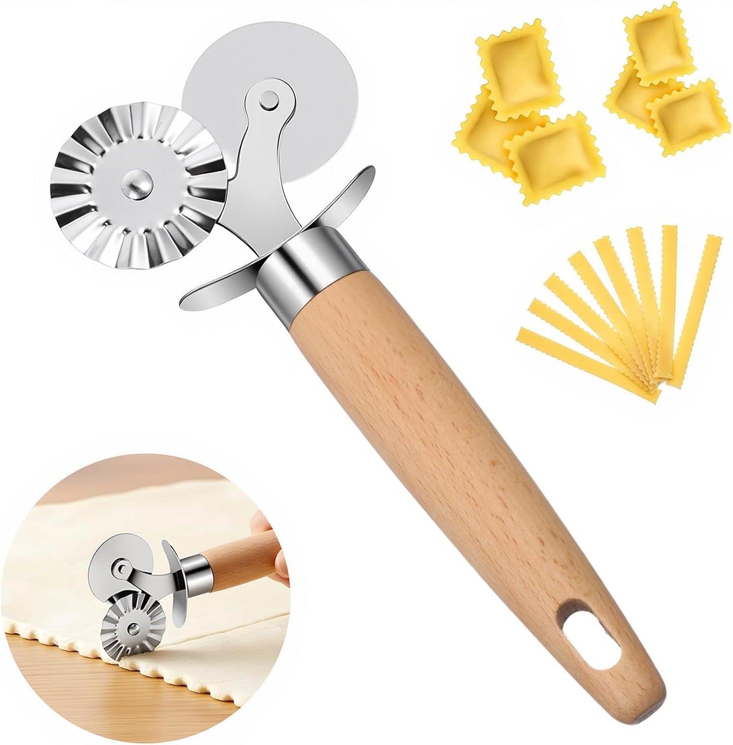 Ravioli Cutter Wheel Fluted Pasta Pastry Cutter Wheel Wooden Handle Pastry Crimper for Pasta Pizza Ravioli Home Kitchen Cookie