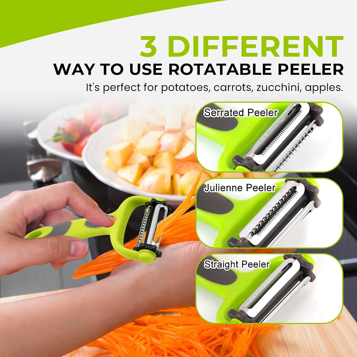 3 In 1 Rotatable Stainless Steel Blade Vegetable Peeler, Vertical Serrated & Straight Peeler For Potato, Carrot, Apple, 3pcs Set, Ergonomic Non-Slip Handle, Sharp Blade, Durable Design