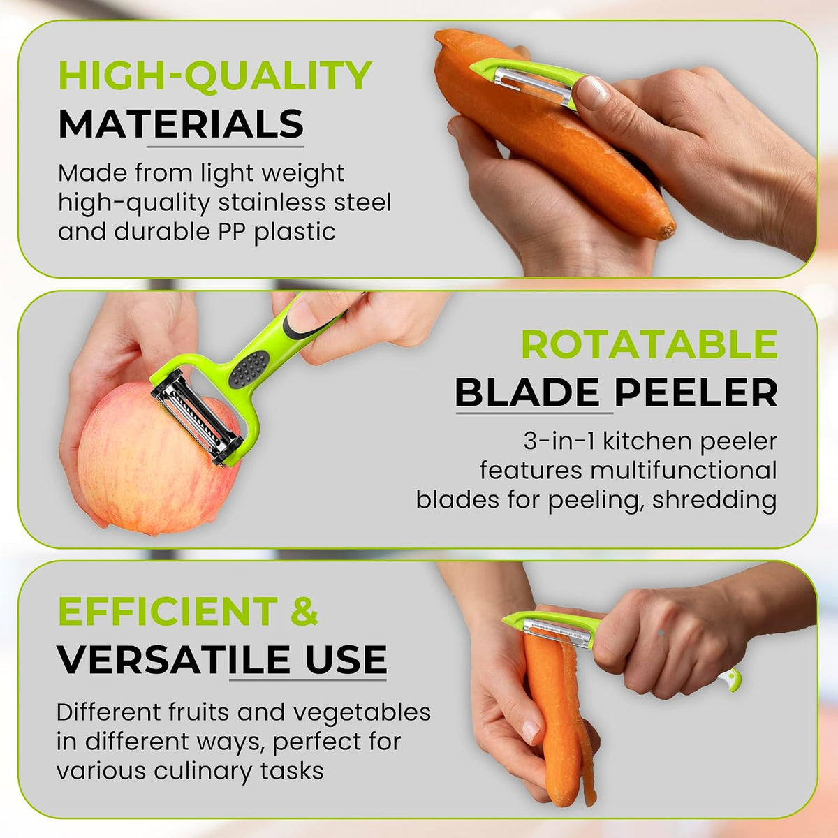 3 In 1 Rotatable Stainless Steel Blade Vegetable Peeler, Vertical Serrated & Straight Peeler For Potato, Carrot, Apple, 3pcs Set, Ergonomic Non-Slip Handle, Sharp Blade, Durable Design